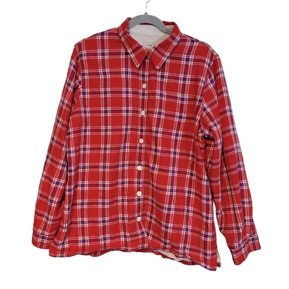 L.L. Bean Tops - L.L. Bean Women's Fleece-Lined Flannel Shirt, Button-Front Plaid Red EUC